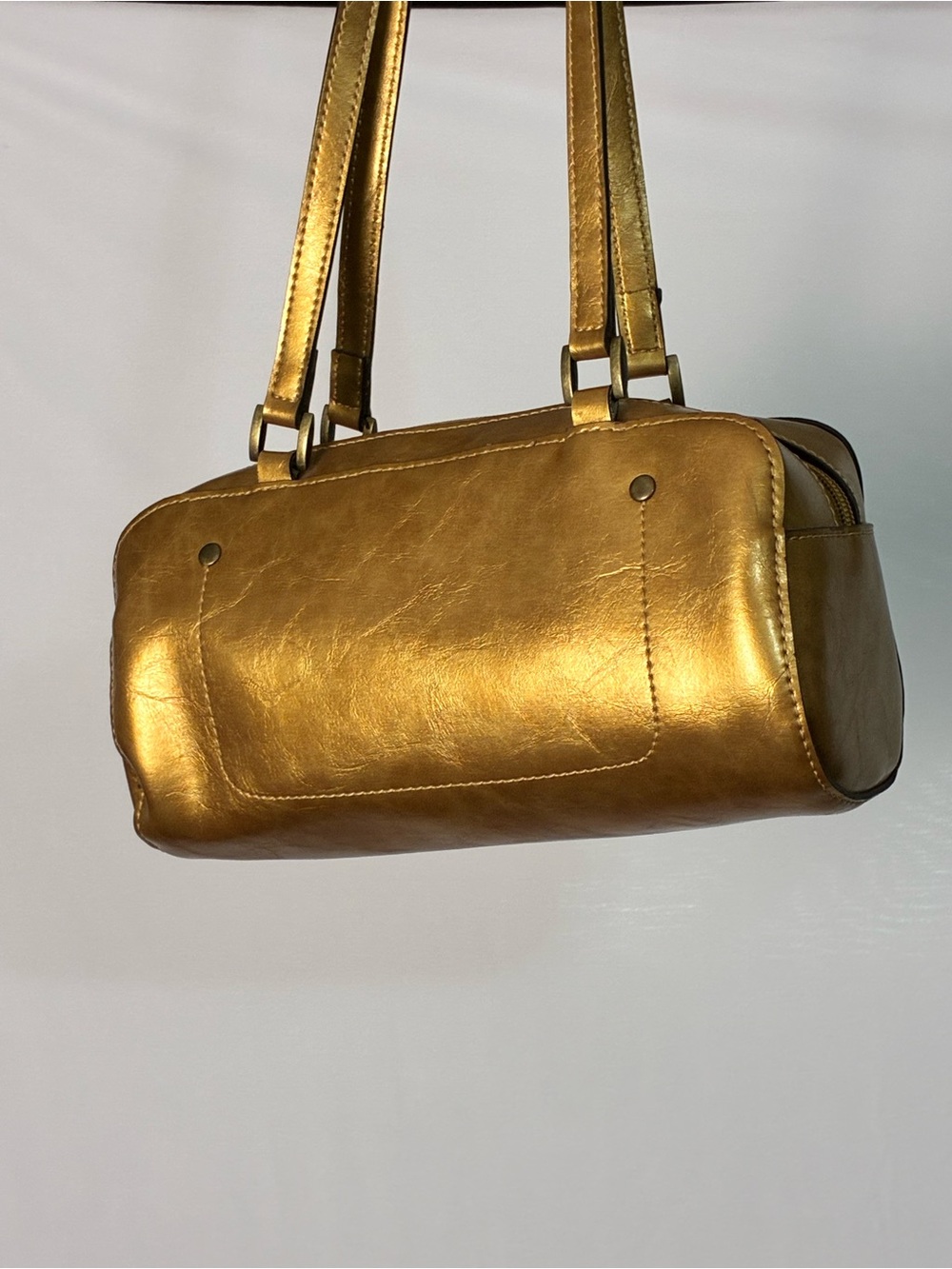 Emilie M cognac brown barrel satchel shoulder bag vegan leather zip top purse.